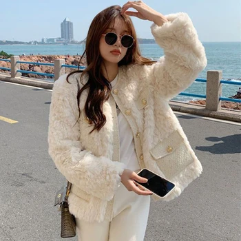 Siyah Beyaz Kuzu Yün Ceketler Kadın Kore Streetwear Kalın Faux Kürk Palto Bayanlar Zarif Tek Göğüslü Kış Giysileri Üstleri