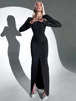 Siyah Uzun Kollu Sıska Seksi Uzun Parti Elbise Kadın O Boyun Bölünmüş Bodycon Maxi Elbiseler Bahar Akşam Rahat Temel Vestidos