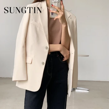 Sungtin 4 Renk Blazer Ceket Kadın Gevşek Ceket Ofis Bayan Kore Tarzı Vintage Zarif Giyim resmi kıyafet Ceketler 2023