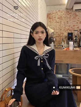 Tatlı Kız Tiki Tarzı Takım Elbise kadın Sonbahar Denizci Yaka Yay Örme Kazak Uzun Etek İki parçalı Set Moda Kadın Giysileri