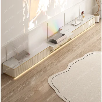 Taş plaka sehpa TV dolabı kombinasyonu ışık lüks Ultra ince Modern basit küçük daire oturma odası lazer