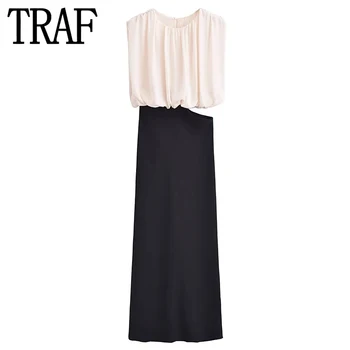 TRAF 2024 Cut Out uzun elbise Kadın Patchwork Kolsuz Midi Elbise Kadın Dantelli Zarif Parti Elbiseler Kadınlar İçin Abiye