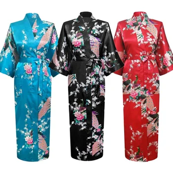 Uzun Tarzı Gevşek Japon Saten Tavuskuşu Kadın Yukata Elbise Pijama Oryantal Kimono Haori Çin Qipao Gecelik Bornoz