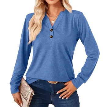 Vintage Uzun Kollu Tişört Kadın Rahat Moda V Yaka Düğmesi Düz T Shirt Yeni 2023 Sonbahar Gevşek Tees