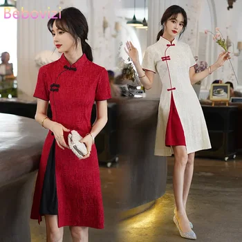 Vintage Çin Geleneksel Rahat Parti Kadın Qipao Elbise Yaz Standı Yaka Kısa Kollu Cheongsam CNY