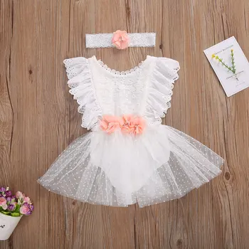 Yaz Bebek Kız Giysileri Set Kolsuz Fırfır Dantel Patchwork Tulumlar + Çiçek Kafa Bandı Bebek 2 Adet Prenses Kıyafetler 0-24M