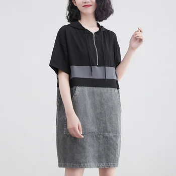 Yaz Siyah Beyaz Kapşonlu Örme kazak Elbise Kadın denim Eklenmiş Renk Gevşek Kadın Cepler Fermuar moda Kore Harajuku