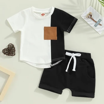 Yaz Toddler Yenidoğan Bebek Erkek Giysileri Setleri Kısa Kollu Kontrast Renk Üstleri T-Shirt + İpli Şort Kıyafetler 0-3Y