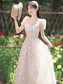 Yeni Mori Kız Yaz Kadın Midi evaze elbise Kare Yaka Çiçek Chic Zarif peri elbisesi Puf Kollu Nakış Kadınsı Elbise