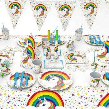 Yeni stil Unicorn Tema Parti Seti Sofra Tabak Peçeteler Afiş Şeker / patlamış mısır Kutusu Bebek Duş Doğum Günü Partisi Malzemeleri