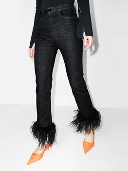 YÜKSEK SOKAK Yeni 2024 Moda Tasarımcısı Pantolon Kadın Devekuşu Yün Eklenmiş Düz Kot
