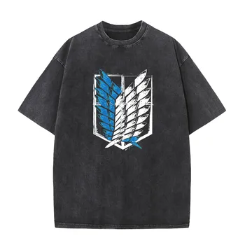 Yıkanmış Vintage T Shirt Komik Titan Kanatları Özgürlük Büyük Boy T Shirt erkek Kısa Kollu Hip Hop Erkek Tees Tops 2XL