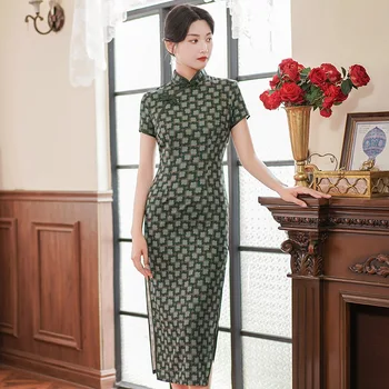Zarif Cheongsam'lar Kadın Elbise Uzun Qipao Yeni Çin Elbiseler Ipek Saten Qipaos Geliştirilmiş Kıyafeti Seksi Baskı Çiçek Vestidos