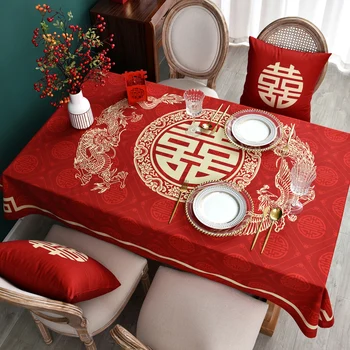 Çin Ejderha ve Phoenix Loongfeng Masa Örtüsü Kırmızı Mutluluk Chineses Düğün Nişan yemek örtüsü kapak