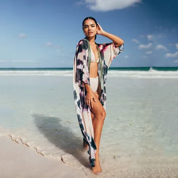 Çiçeklenme Baskı Bikini Bluz Kadınlar Gevşek Renkli Bohemia Plaj Kıyafeti Maxi Elbiseler Kadınlar için Yaz 2021 Seksi Mesh Cover Up
