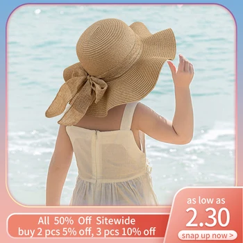 Çocuk Kız Şerit Yaylar hasır şapka Yaz Açık Plaj Geniş Ağız Kase Şapka Çocuklar Anti-UV güneşlikler Kaput Bebek Panama Kapaklar