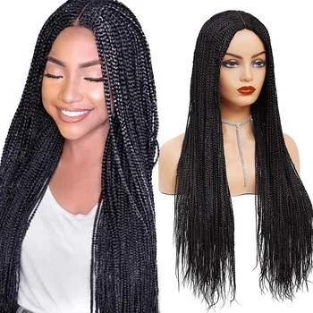 Örgü Peruk Sentetik Saç Uzun Düz Örgülü Peruk Siyah Kadınlar İçin Tam Makine Yapımı Büküm Örgüler Peruk Dayanıklı örgü saç