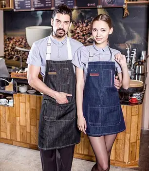 Üstün kalite seksi Denim kumaş Yetişkin baristas Önlük Ev Mutfak Pişirme Pişirme şef önlüğü Önlük Şef-restoran beraberlik elbise