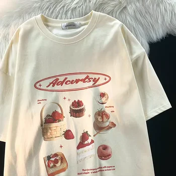 Şık Çilek Baskı Gömlek Kadınlar için Japon Harajuku Kısa Kollu O Boyun streetwear tişört Büyük 3XL Yaz Kadın T Shirt