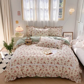 100 % Pamuk Vintage Fransız Ülke Küçük Çiçek nevresim takımı Ruffled Kenarları Çiçek Desen Yorgan yatak örtüsü seti yatak çarşafı Yastık Kılıfı