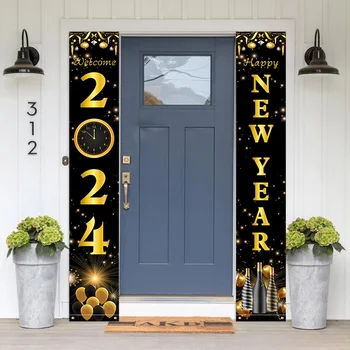 2 ADET-2024 Sınır Ötesi Yeni Yıl Beyit Yeni Yıl Saat Dekorasyon Parti Siyah Altın Yeni Yıl Fotoğraf Arka Plan Bez