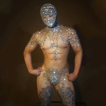 Elastik Leotard Başlık Seksi DJ Gece Kulübü Kıyafet Performans dans kostümü Gösterisi Sahne Giyim Sparkly Rhinestones Tulum