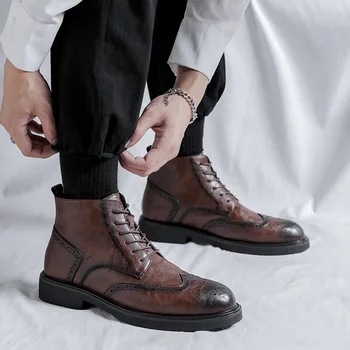 erkek moda hakiki deri çizmeler marka tasarımcısı oyma brogue ayakkabı siyah kahverengi kovboy çizme parti ziyafet elbise ayak bileği botas