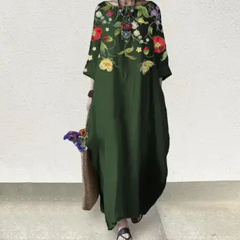 Kadınlar uzun elbise Yuvarlak Boyun 3/4 Kollu Gevşek Çiçek Baskı Moda Kıyafetler Rahat Yaz Rahat Plaj Elbise Tatil Giyim