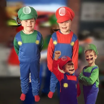 Karnaval Süper Kırmızı Yeşil Kardeşler Kostümleri Cosplay Ebeveyn-Çocuk Giyim Erkek Kız Çocuklar Yetişkin Tulum doğum günü partisi elbisesi