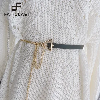 Moda Kadın bel zincirleri Metal Üçgen Toka İnce Kemer Şık Deri Ekleme Kemer Ceket Elbise Dekoratif Kemerler Kayış