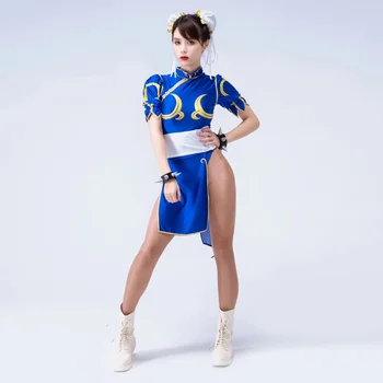 Oyun Chun Li Cosplay Kostüm Elbise Mayo Tulumlar Skeç Kemer Başlık Sutorito Faita Mavi Cheongsam