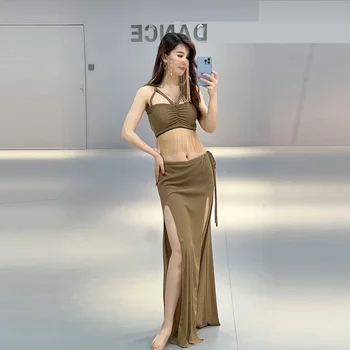 Seksi kadın 2 parça Oryantal dans kostümü Seti kadın Zarif Kapalı Omuz Askısı Tank top elbisesi Rekabet Elbise